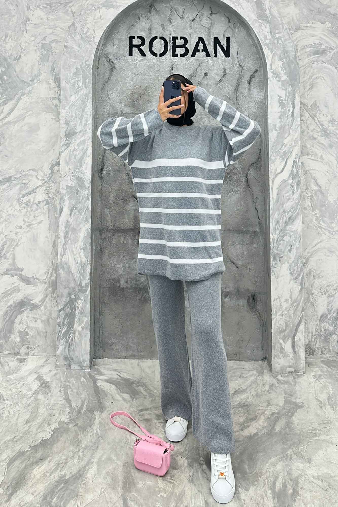 ست دورس و شلوار یقه گرد راه راه بافت