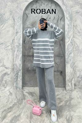 ست دورس و شلوار یقه گرد راه راه بافت