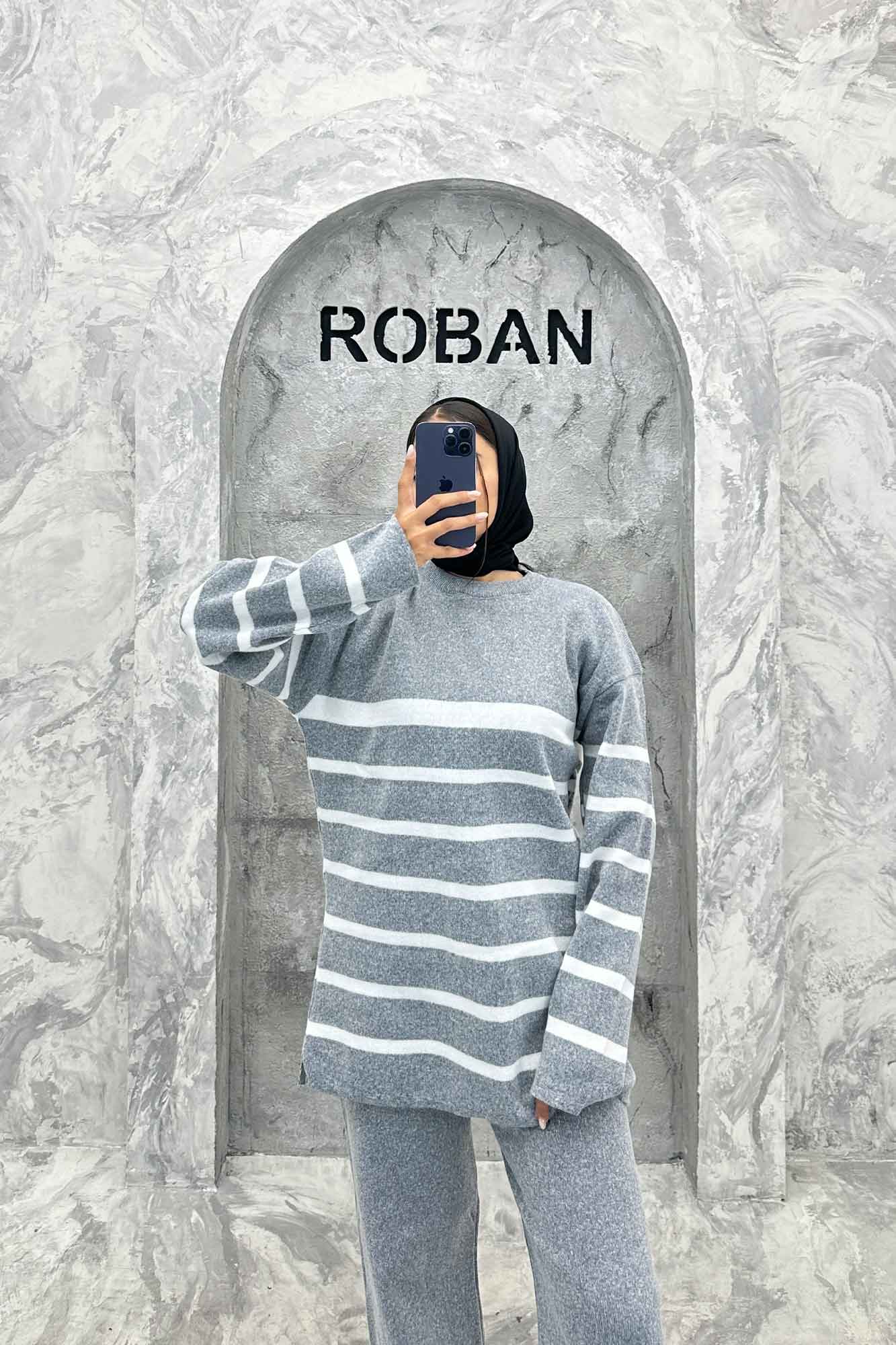 ست دورس و شلوار یقه گرد راه راه بافت