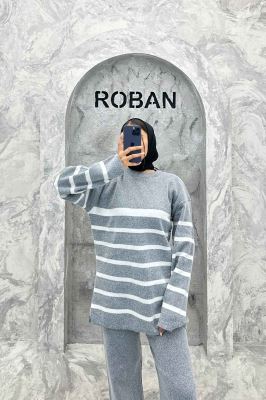 ست دورس و شلوار یقه گرد راه راه بافت