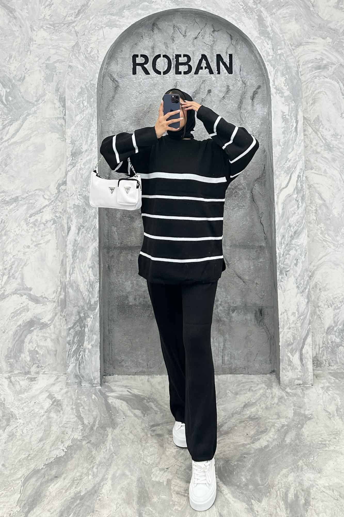 ست دورس و شلوار یقه گرد راه راه بافت