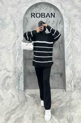 ست دورس و شلوار یقه گرد راه راه بافت