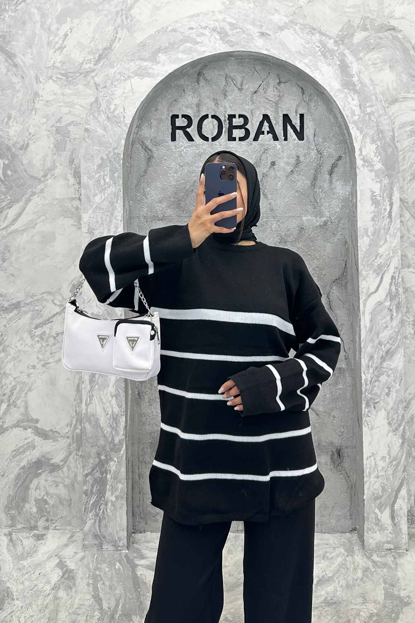 ست دورس و شلوار یقه گرد راه راه بافت