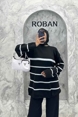 ست دورس و شلوار یقه گرد راه راه بافت