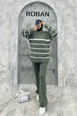 ست دورس و شلوار یقه گرد راه راه بافت