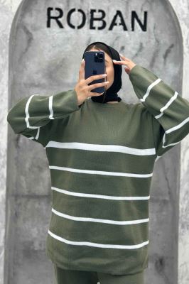 ست دورس و شلوار یقه گرد راه راه بافت