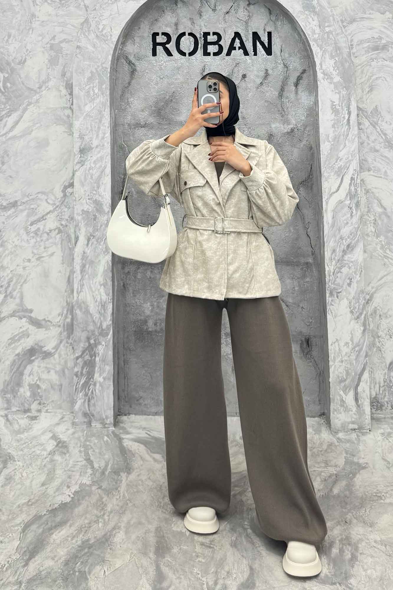 کت آستردار چرم کمربنددار جیب نما