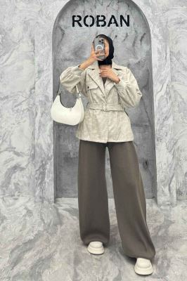 کت آستردار چرم کمربنددار جیب نما