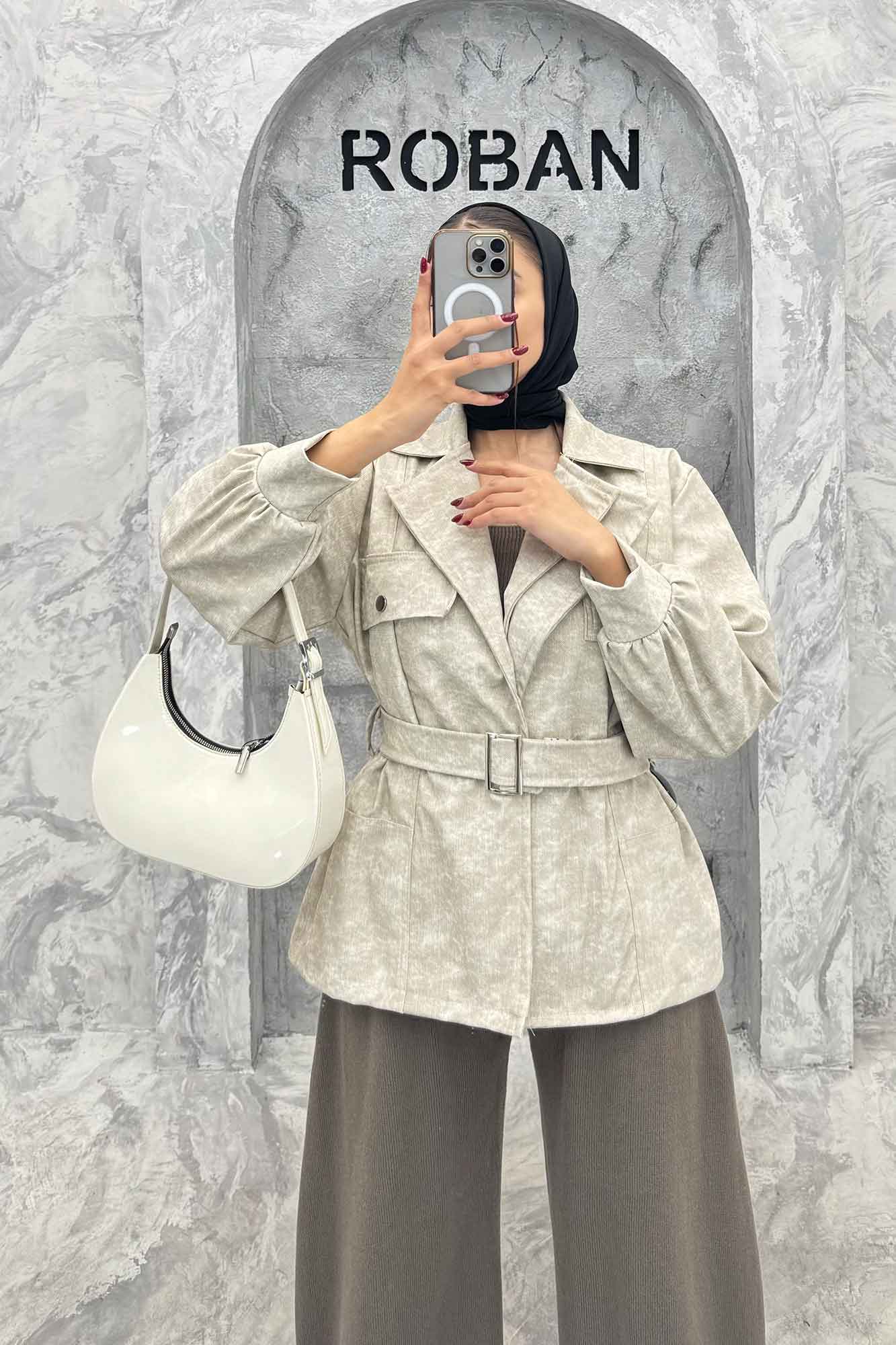 کت آستردار چرم کمربنددار جیب نما