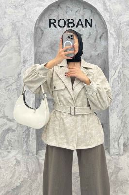 کت آستردار چرم کمربنددار جیب نما