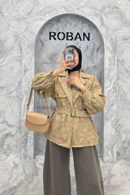 کت آستردار چرم کمربنددار جیب نما