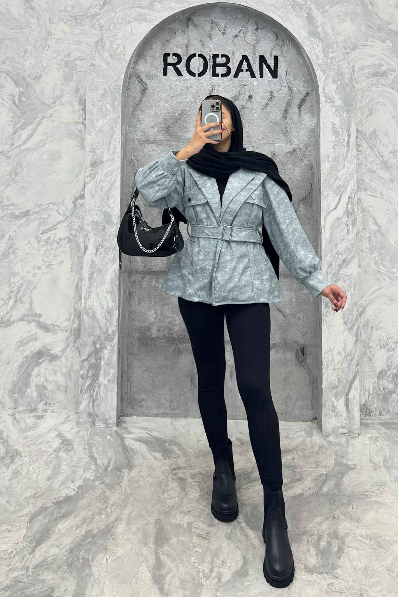 کت آستردار چرم کمربنددار جیب نما