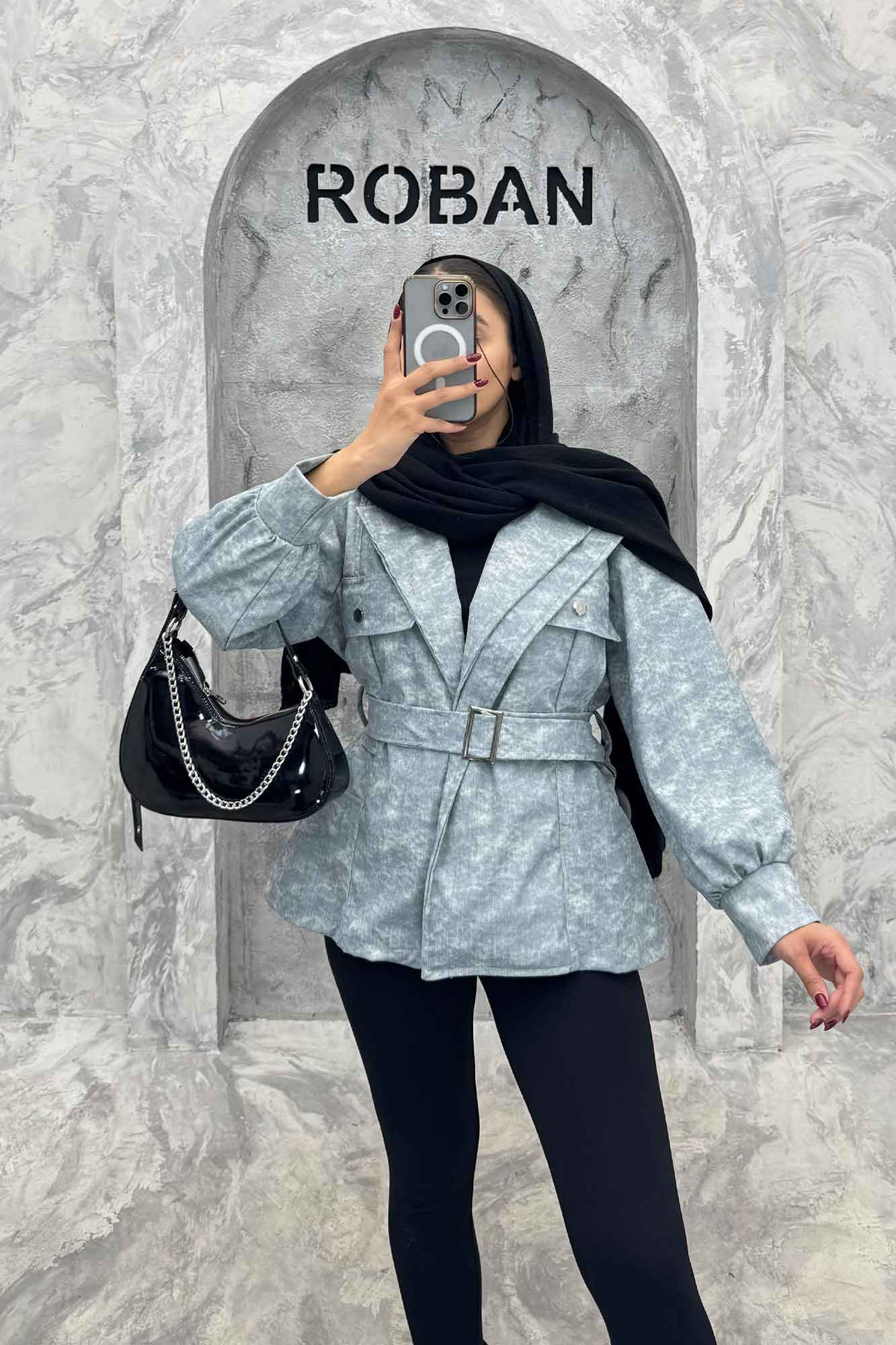 کت آستردار چرم کمربنددار جیب نما