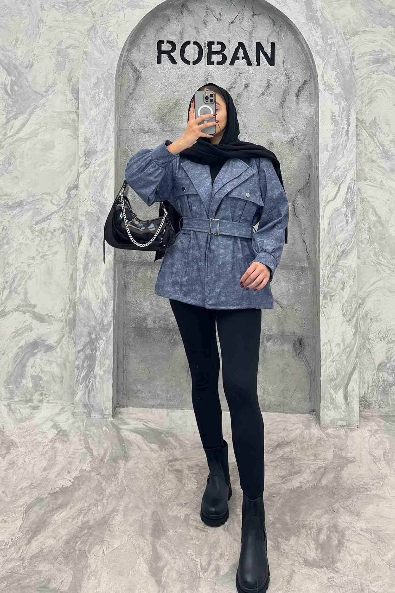 کت آستردار چرم کمربنددار جیب نما