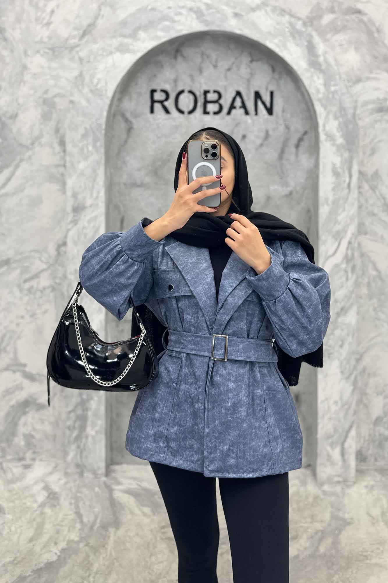 کت آستردار چرم کمربنددار جیب نما