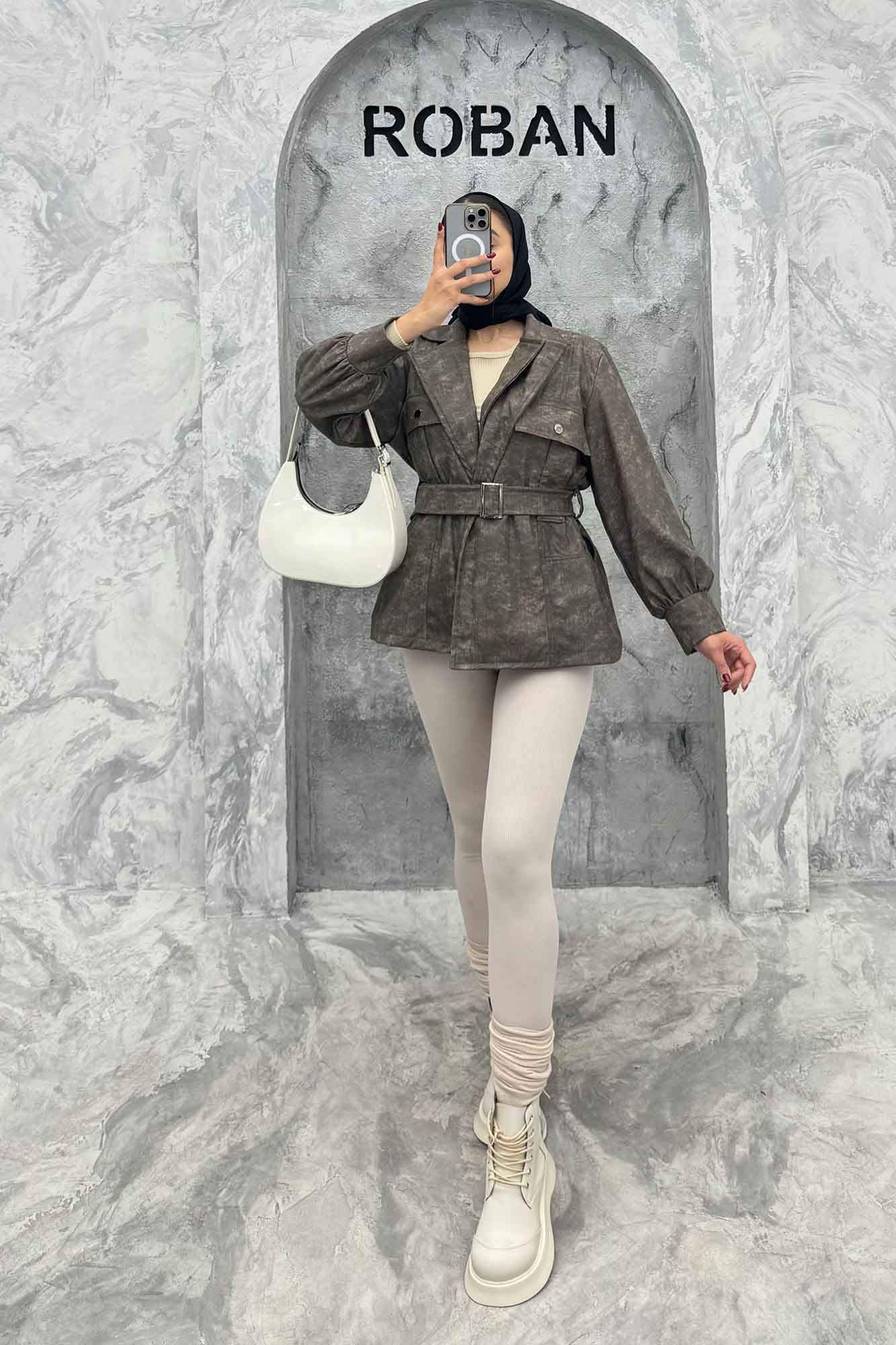 کت آستردار چرم کمربنددار جیب نما