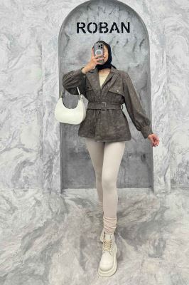 کت آستردار چرم کمربنددار جیب نما