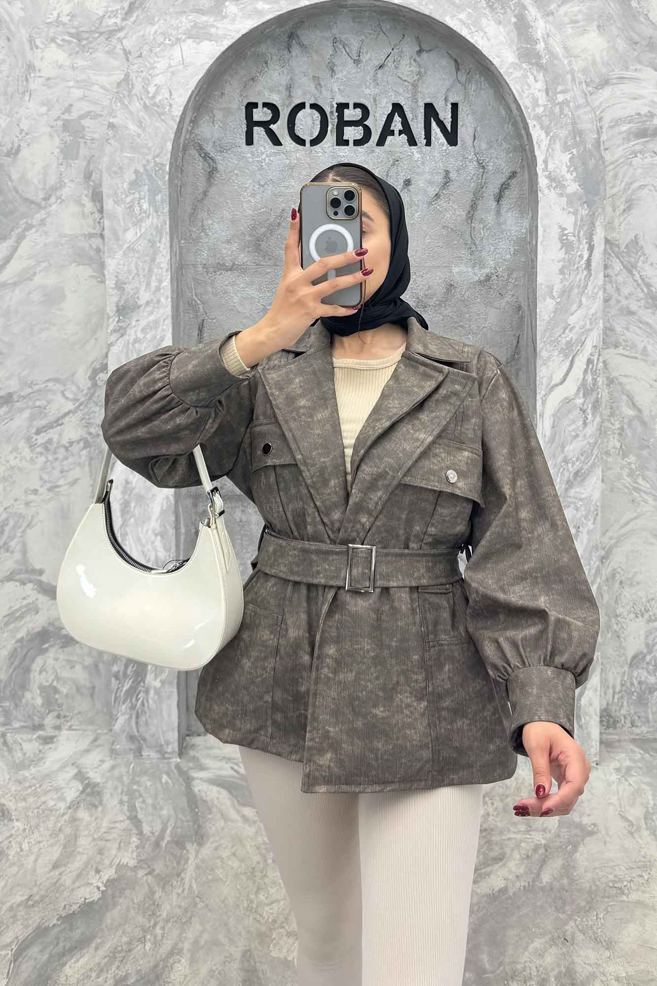 کت آستردار چرم کمربنددار جیب نما