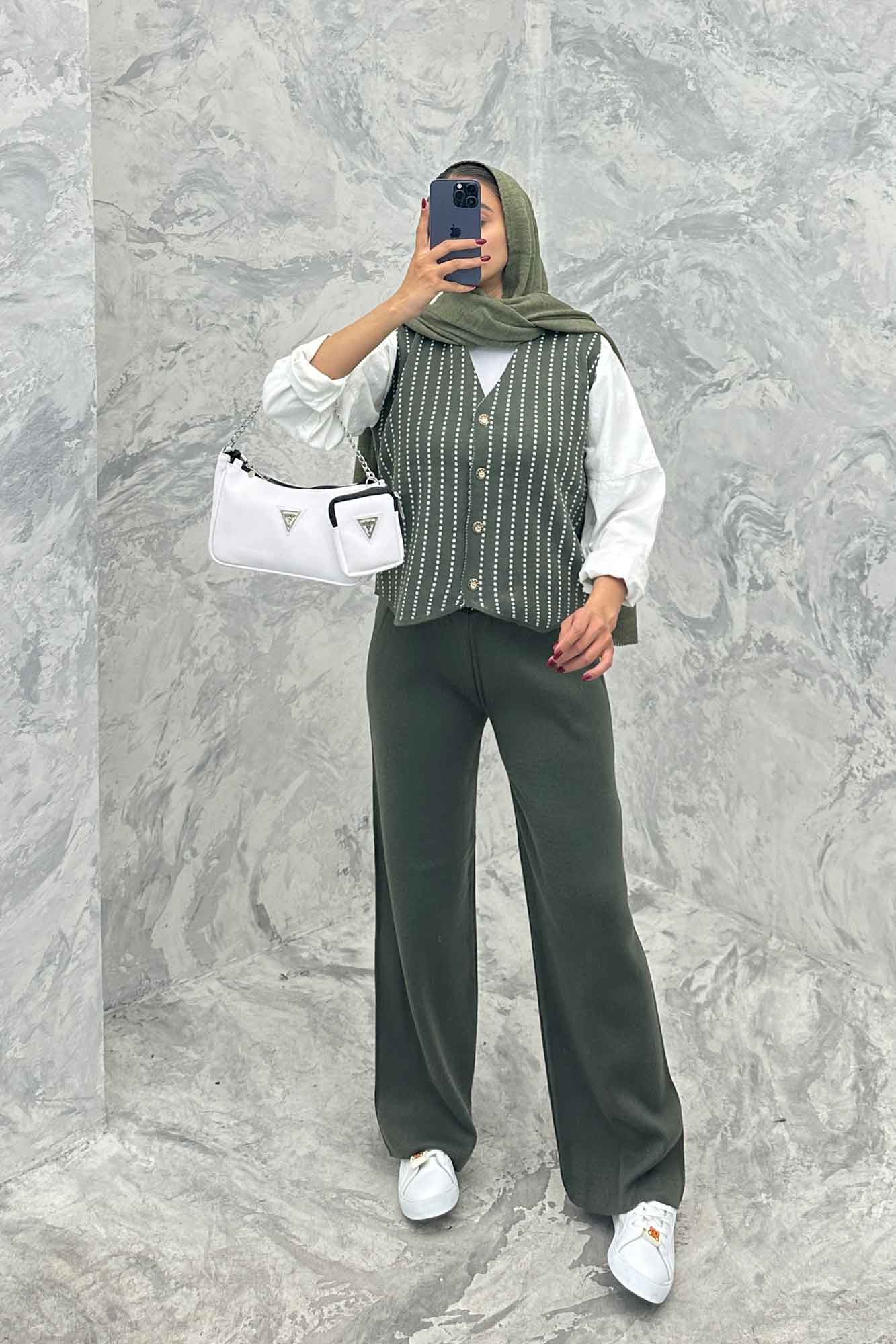 ست ژیله و شلوار بافت طرح دار  SB