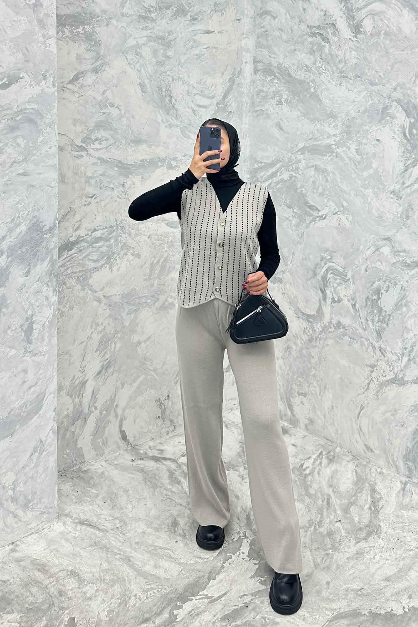 ست ژیله و شلوار بافت طرح دار  SB