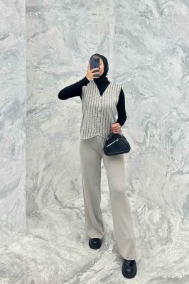 ست ژیله و شلوار بافت طرح دار  SB