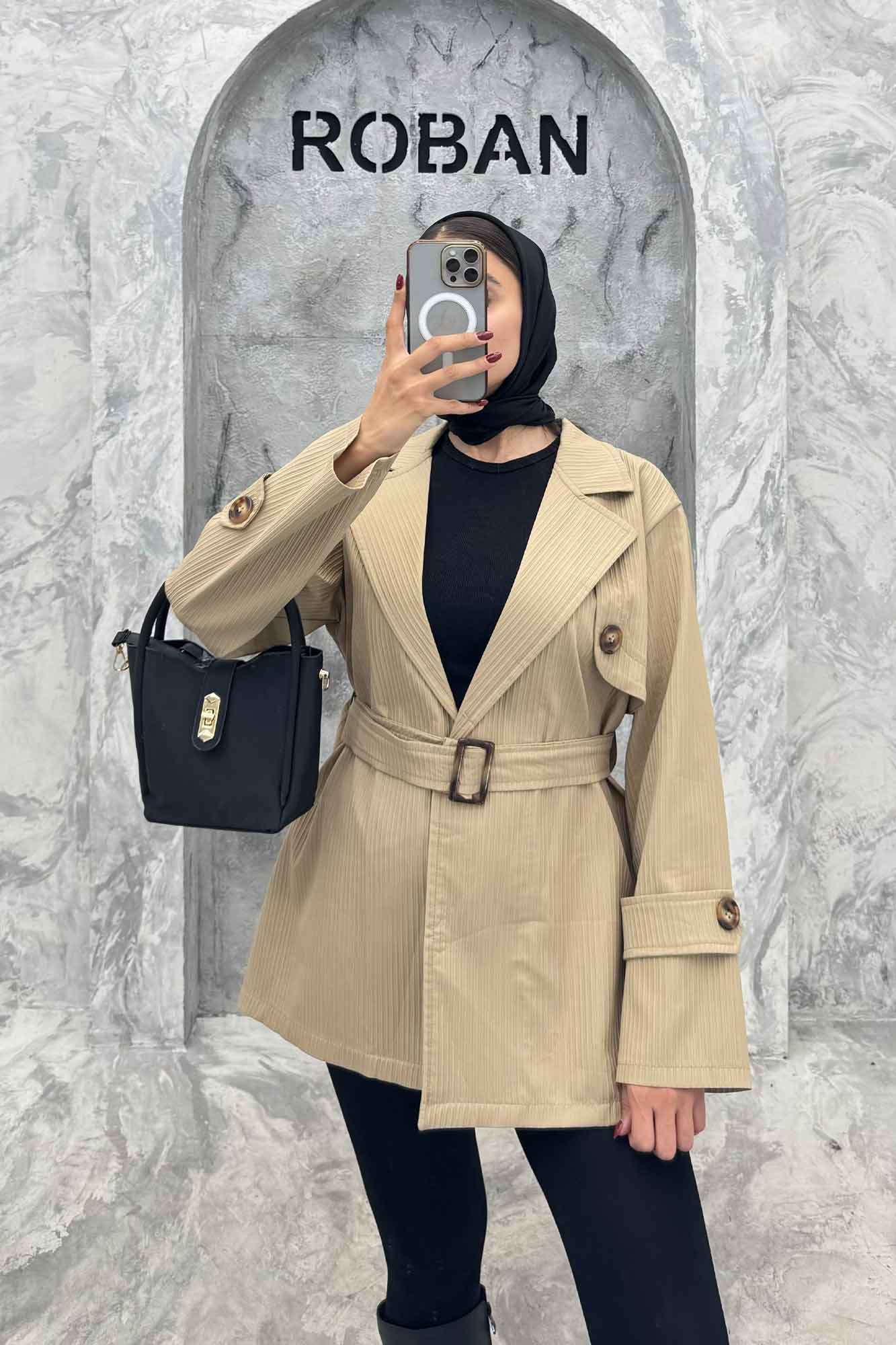 کت پاییزه ملبورن کمربنددار آستین سگک