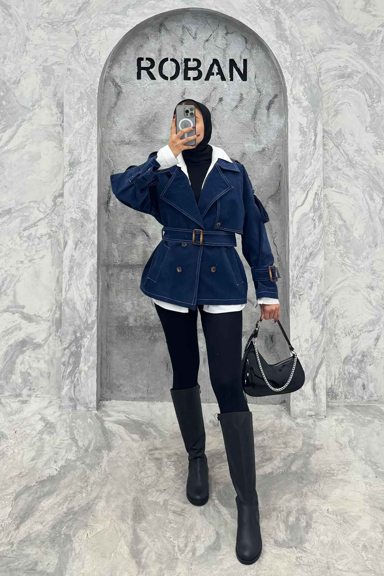 بارانی کمردار آستین سگک جین مخمل