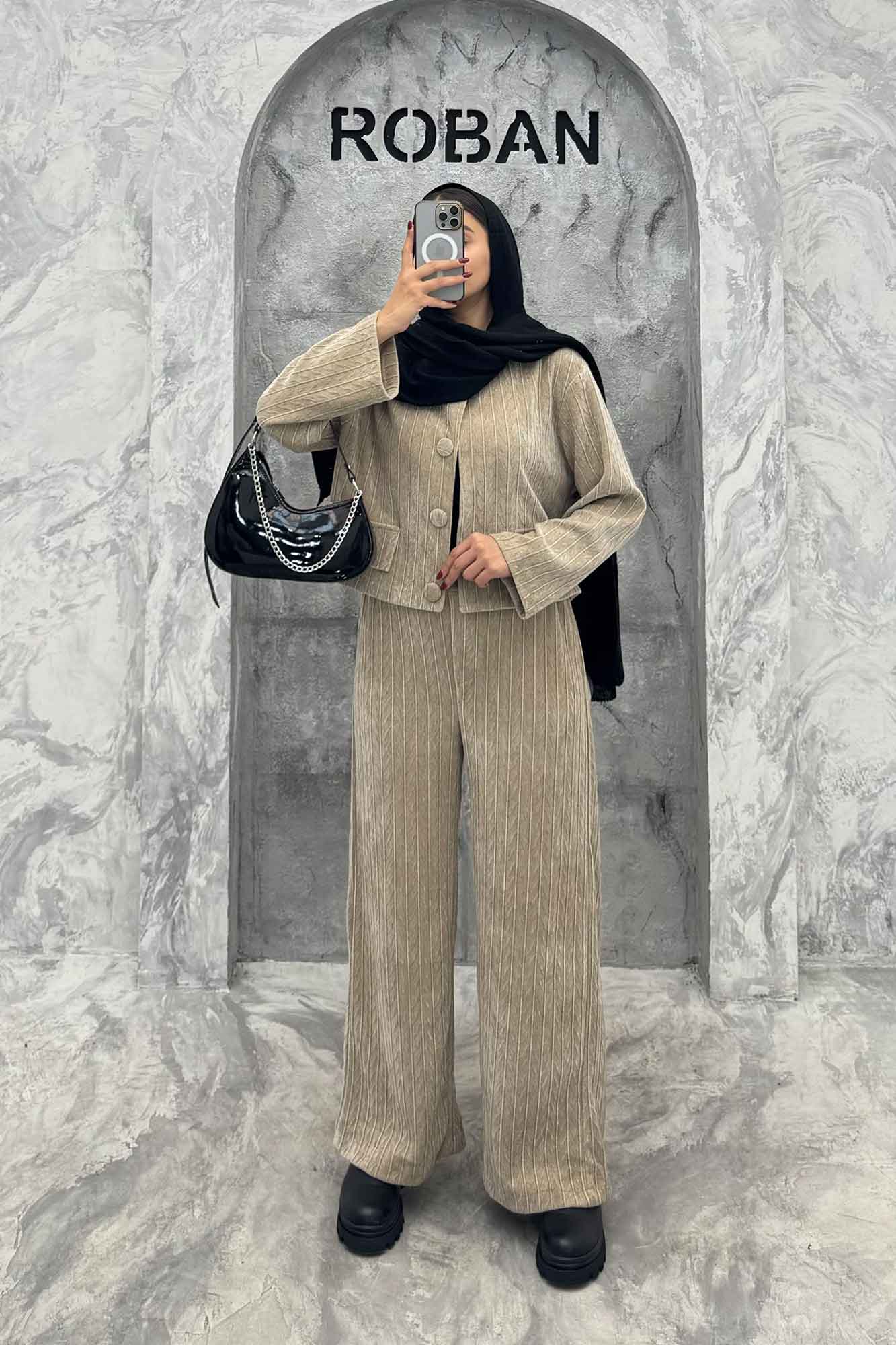 ست کت و شلوار جیب نما مخمل طرح دار