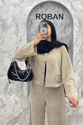 ست کت و شلوار جیب نما مخمل طرح دار