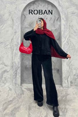 ست کت و شلوار جیب نما مخمل طرح دار