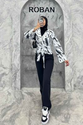 کت تک دکمه سانتانا چاپی کمربنددار