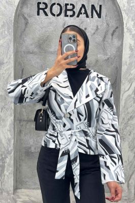 کت تک دکمه سانتانا چاپی کمربنددار