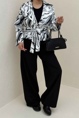 کت تک دکمه سانتانا چاپی کمربنددار