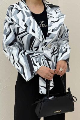 کت تک دکمه سانتانا چاپی کمربنددار