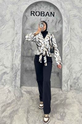 کت تک دکمه سانتانا چاپی کمربنددار