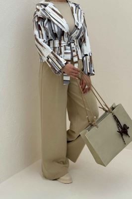 کت تک دکمه سانتانا چاپی کمربنددار