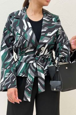 کت تک دکمه سانتانا چاپی کمربنددار