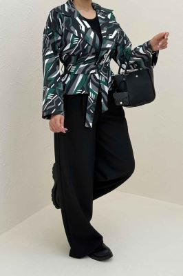 کت تک دکمه سانتانا چاپی کمربنددار