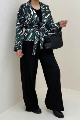 کت تک دکمه سانتانا چاپی کمربنددار