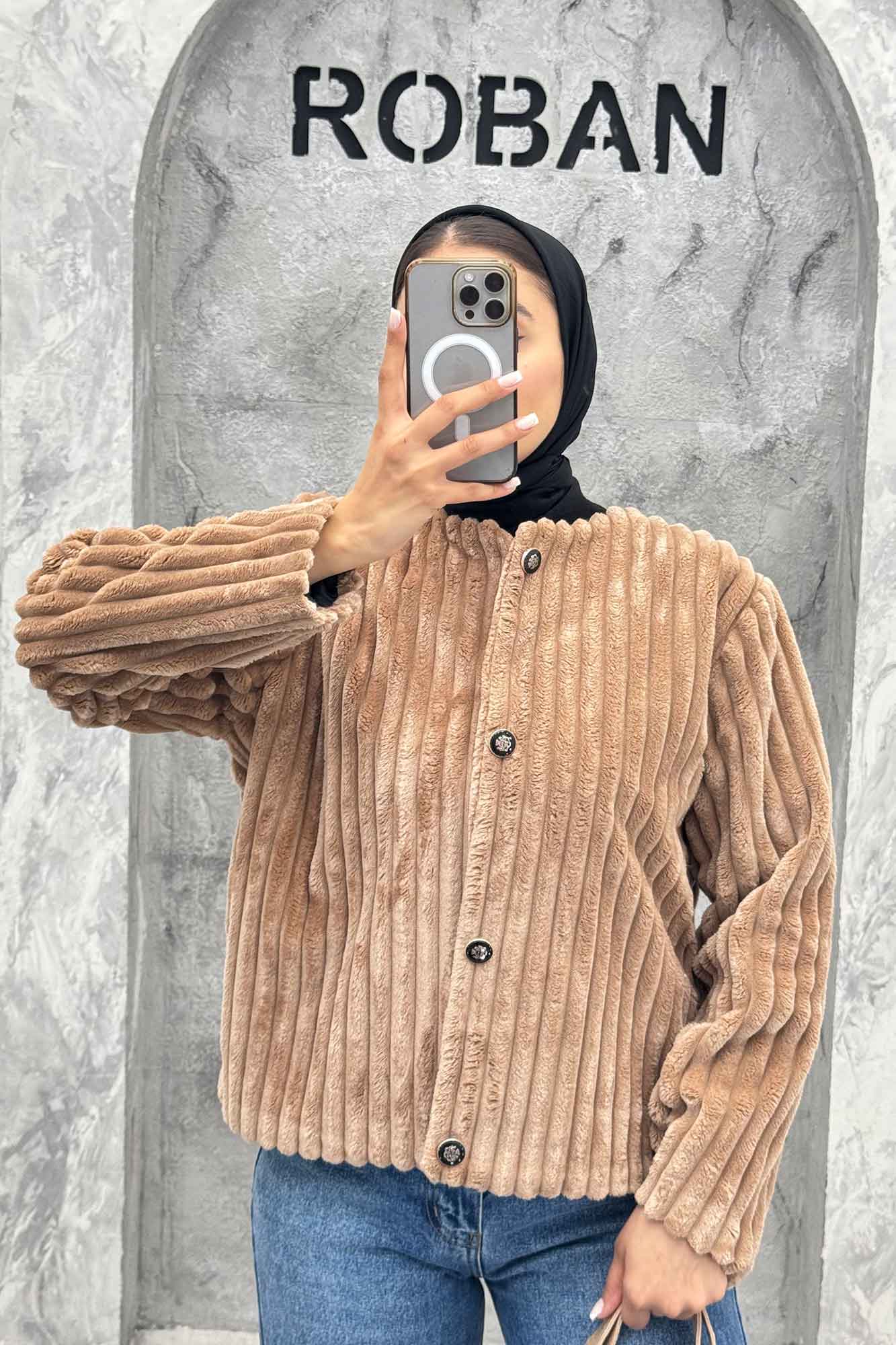 کت آستردار استرایپ یقه گرد