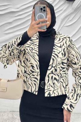 کراپ کت آستین سگک کتان چاپی