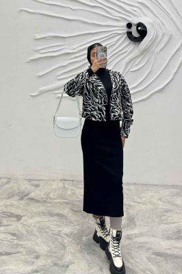 کراپ کت آستین سگک کتان چاپی