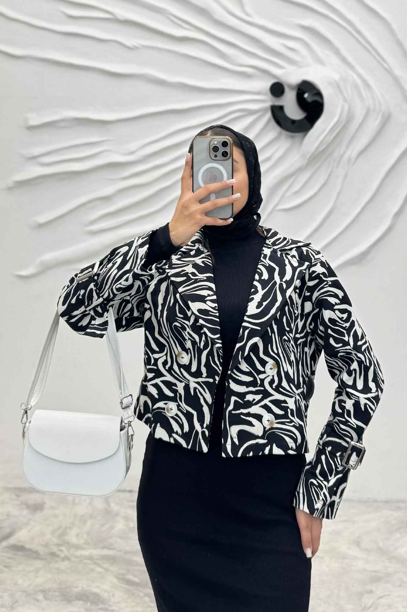 کراپ کت آستین سگک کتان چاپی