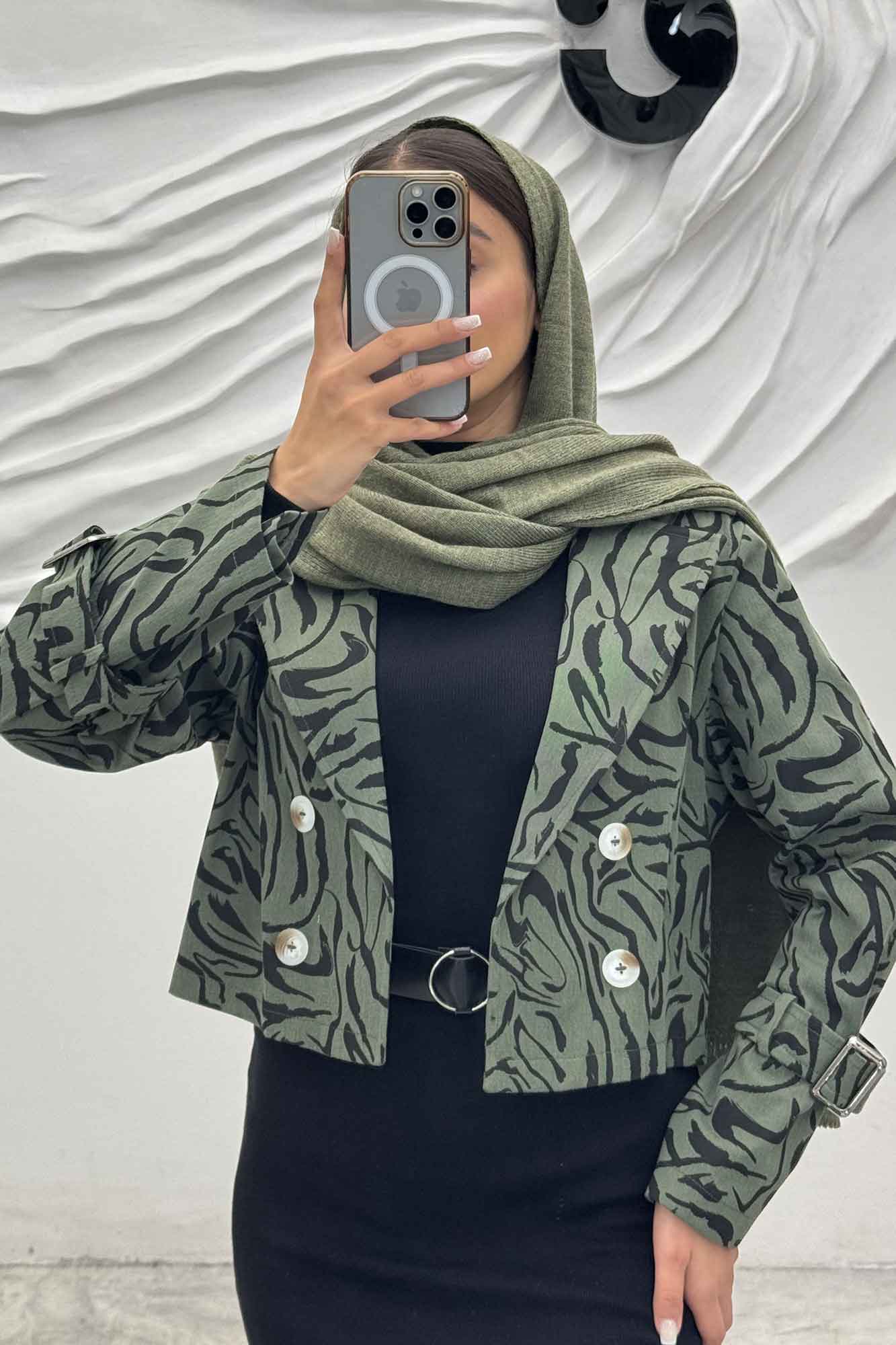 کراپ کت آستین سگک کتان چاپی