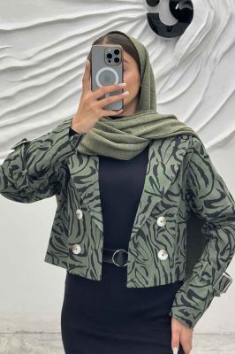 کراپ کت آستین سگک کتان چاپی