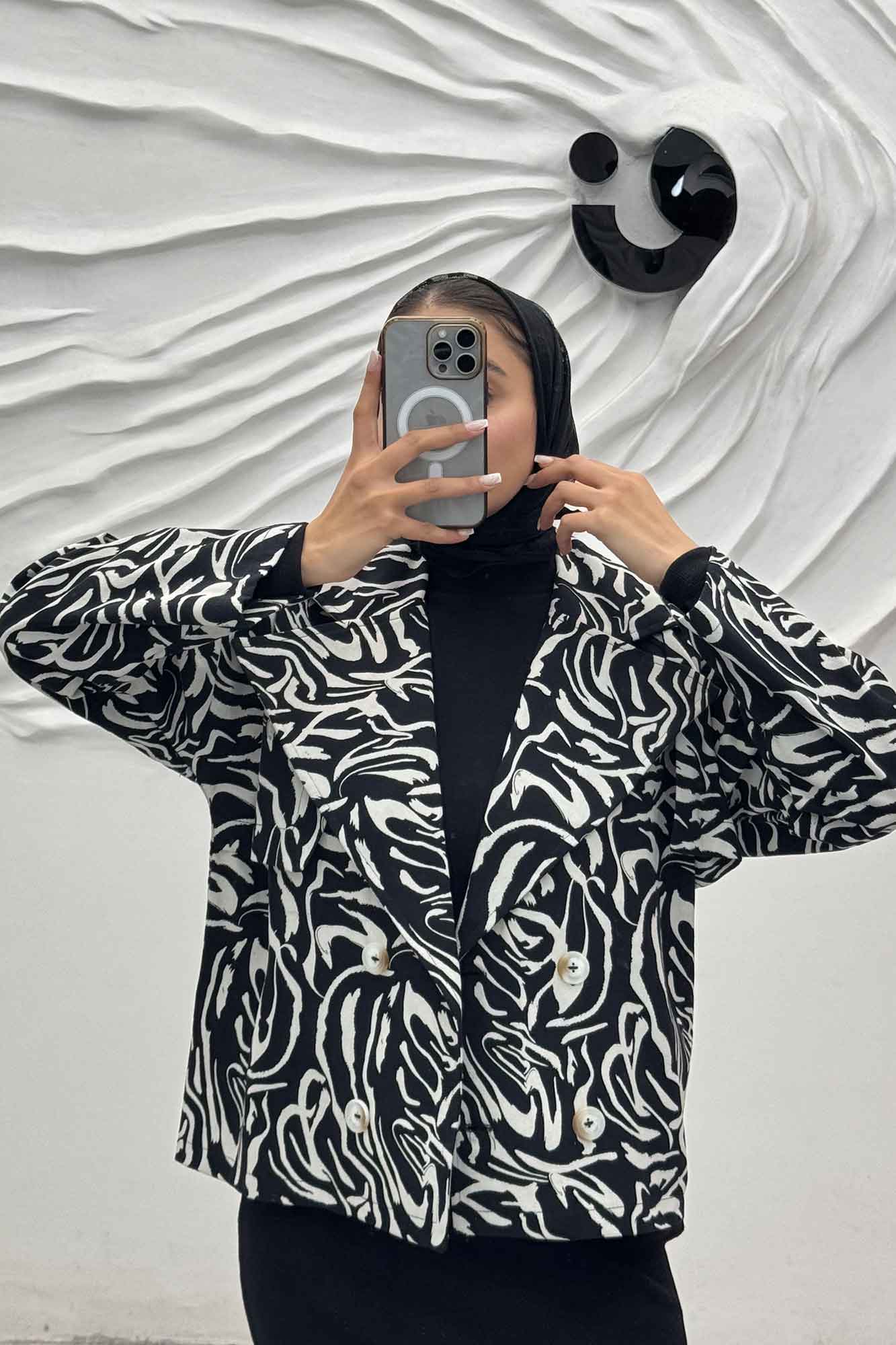 کت پاییزه چهار دکمه طرح ژیله کتان چاپی