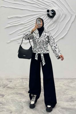 کت پاییزه دو دکمه کتان چاپی کمربنددار