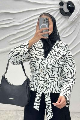 کت پاییزه دو دکمه کتان چاپی کمربنددار