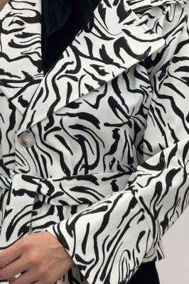 کت پاییزه دو دکمه کتان چاپی کمربنددار