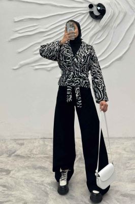 کت پاییزه دو دکمه کتان چاپی کمربنددار